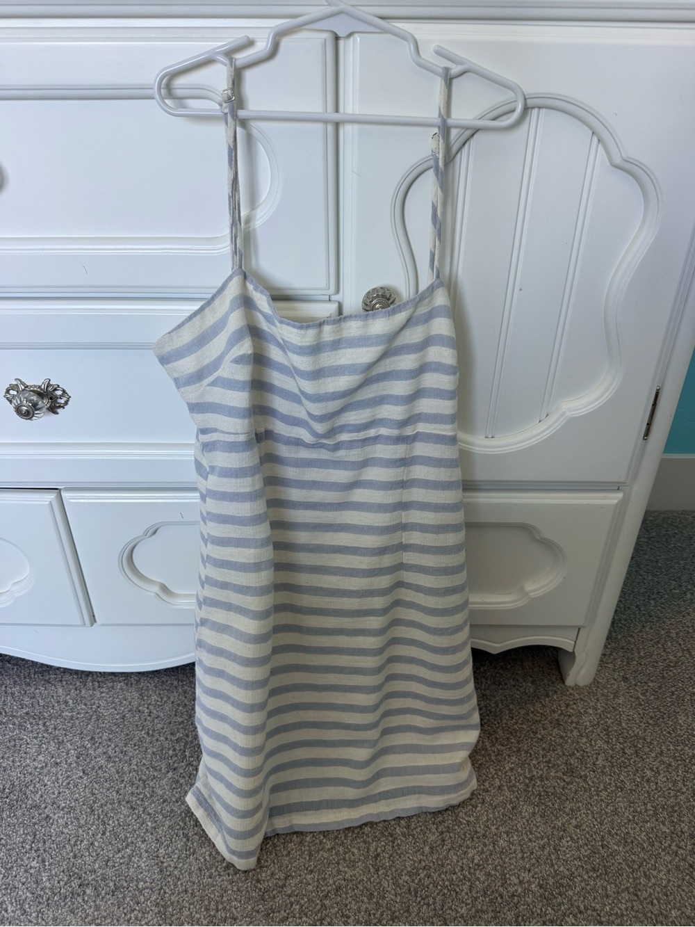 Striped Linen-Blend Slip Dress in Light Blue and White